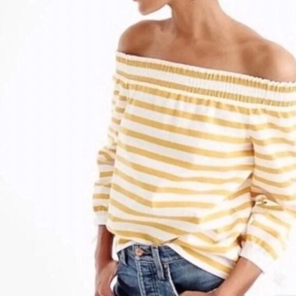 J. Crew Yellow & White Striped Off Shoulder Top Size Medium - Picture 2 of 9